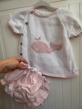 Knit Whale Baby Top & Bloomers Set - White and Light Pink